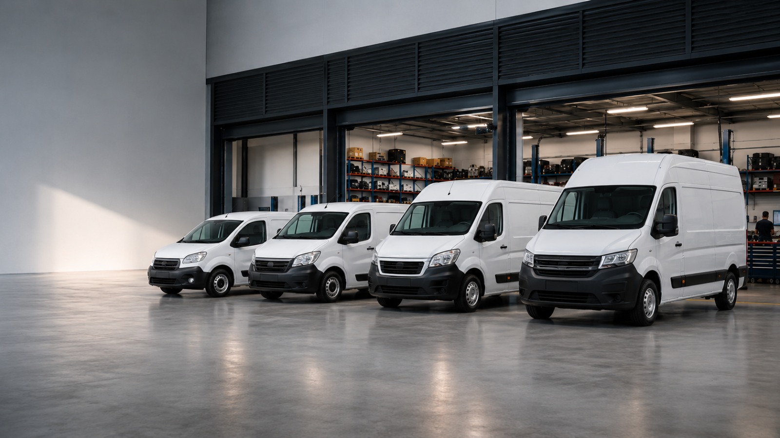 White vans lined up in a professional workshop